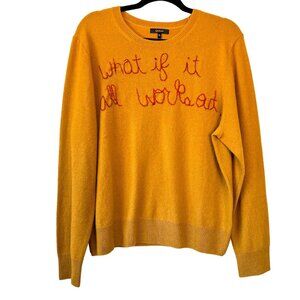 Quince Golden Crew Neck Sweater with Red Text